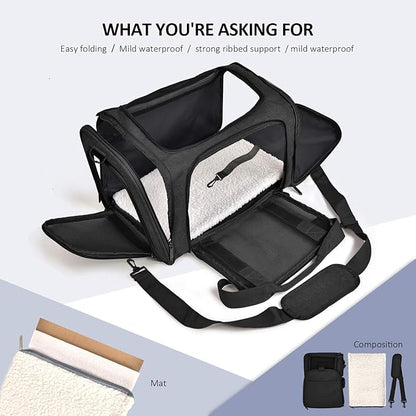 Henkelion Large Soft Sided Cat and Pet Carrier for Cats and Puppies up to 25Lbs - Collapsible, Waterproof Travel Carrier - Black - PAWPICO