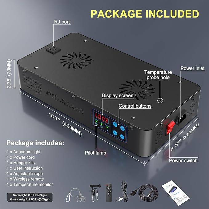 Phlizon Timer Control Dimmable 165W LED Aquarium Light with Temperature Monitor Full Spectrum Fish Tank Light for Grow Coral Reef Marine Fish Tank LPS/SPS Phlizon