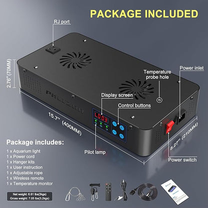 Phlizon Timer Control Dimmable 165W LED Aquarium Light with Temperature Monitor Full Spectrum Fish Tank Light for Grow Coral Reef Marine Fish Tank LPS/SPS Phlizon