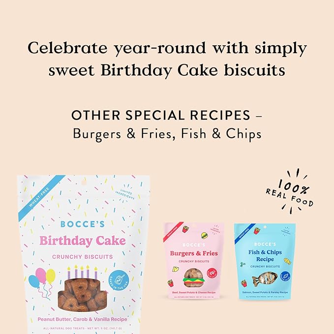 Bocce's Bakery Birthday Cake Treats for Dogs - Special Edition Wheat-Free Dog Treats, Made with Real Ingredients, Baked in The USA, All-Natural Peanut Butter Vanilla Biscuits, 5 oz - PAWPICO