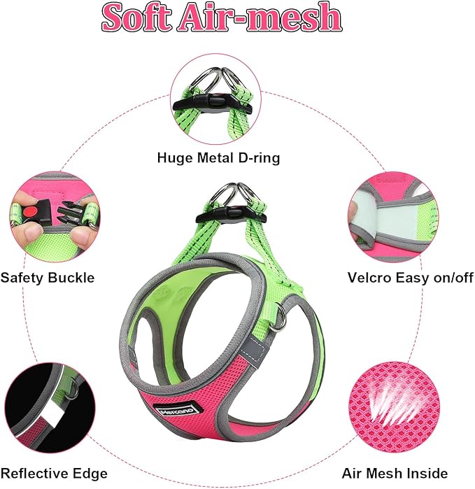 Mercano Soft Mesh Dog Harness and Leash Set, No-Chock Step-in Reflective Breathable Lightweight Easy Walk Escape Proof Vest Harnesses with Safety Buckle for Small Medium Dogs, Cats (L, Hot Pink) PAWPICO