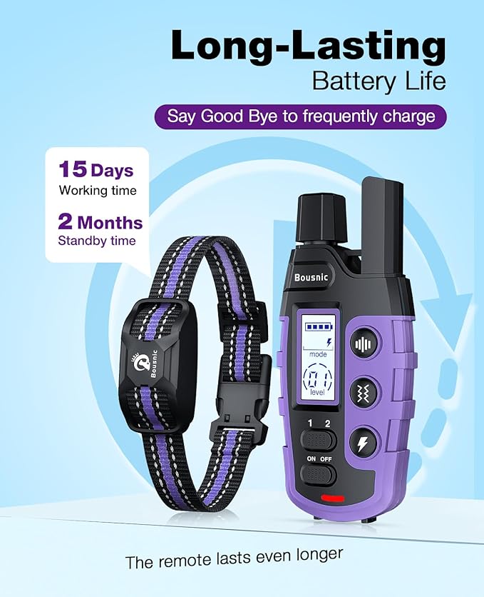 Bousnic Dog Shock Collar - 3300Ft Training Collar with Remote for 5-120lbs Small Medium Large Dogs Rechargeable Waterproof e Collar with Beep (1-8), Shake(1-16), Safe Shock(1-99) Modes (Lightpurple) BOUSNIC