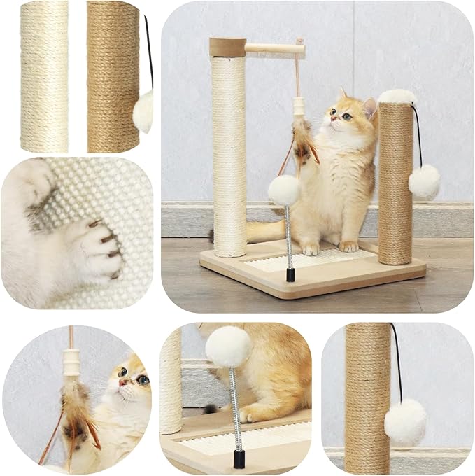 PAWSFANS Small Cat Scratching Post Toys,Sisal Jute 2 Scratch Posts for Kittens and Cats,Hanging Ball with Feather Spring Ball 16inches Beige - PAWPICO