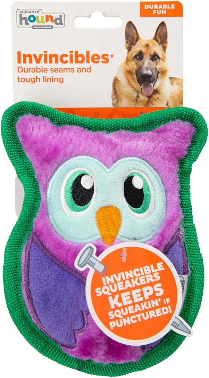Outward Hound Durablez Tough Plush Squeaky Dog Toy, Owl, Purple, XS - PAWPICO