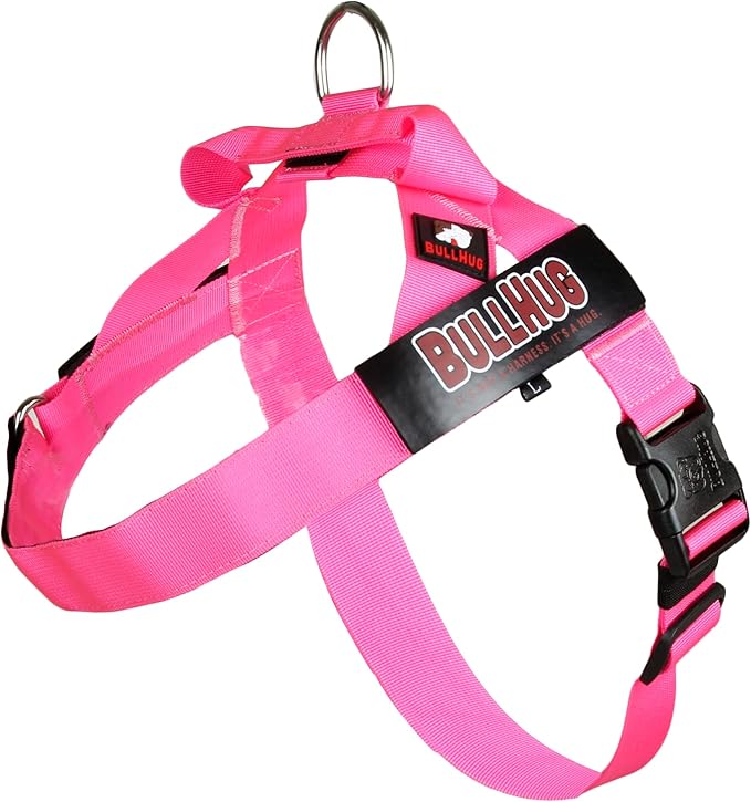 BULLHUG Harness – Made for Larger Chested Dogs Like English Bulldogs, French Bulldogs, Pugs & More. Stops Dogs from Pulling & Choking on Walks (NEON Pink, XL) BULLHUG