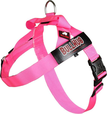 BULLHUG Harness – Made for Larger Chested Dogs Like English Bulldogs, French Bulldogs, Pugs & More. Stops Dogs from Pulling & Choking on Walks (NEON Pink, Large) BULLHUG
