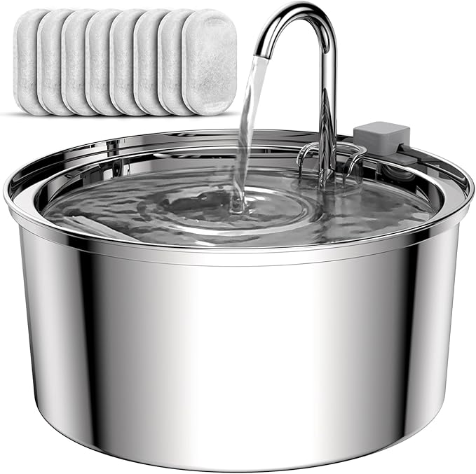 Tomxcute Cat Water Fountain Stainless Steel - 108oz/3.2L Cat Fountain for Drinking- Large Capacity Pet Water Fountain - Cat Feeding & Watering Supplies - Comes with 8 Replacement Filters - PAWPICO