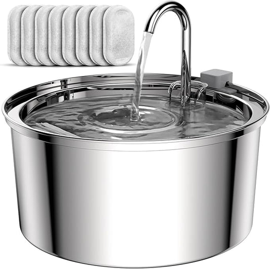 Tomxcute Cat Water Fountain Stainless Steel - 108oz/3.2L Cat Fountain for Drinking- Large Capacity Pet Water Fountain - Cat Feeding & Watering Supplies - Comes with 8 Replacement Filters - PAWPICO