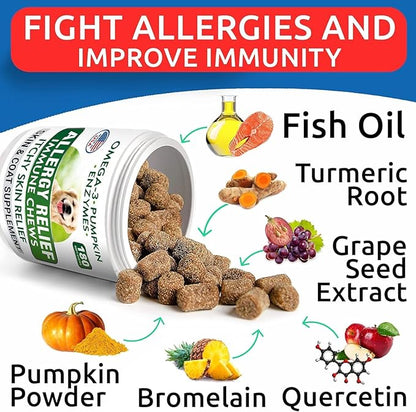 BARK&SPARK Dog Allergy Relief Chews (180 Immune Treats) - Anti-Itch Skin & Coat Supplement - Omega 3 Fish Oil - Itchy Skin Relief Treatment Pills - Itching&Paw Licking - Dry Skin & Hot Spots BARKSPARK