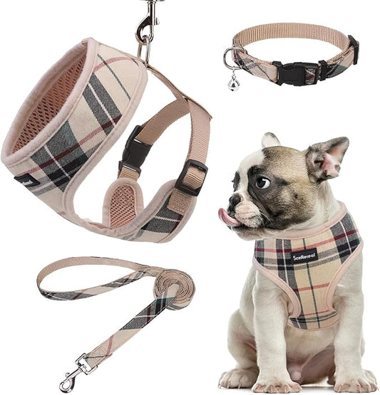 SCENEREAL No Pull Dog Harness Collar and Leash Set Small Medium Sized Dog, Soft Mesh Step in Puppy Harnesses, No Chock Plaid Adjustible Pet Vest for Outdoor Walking Training and Running SCENEREAL