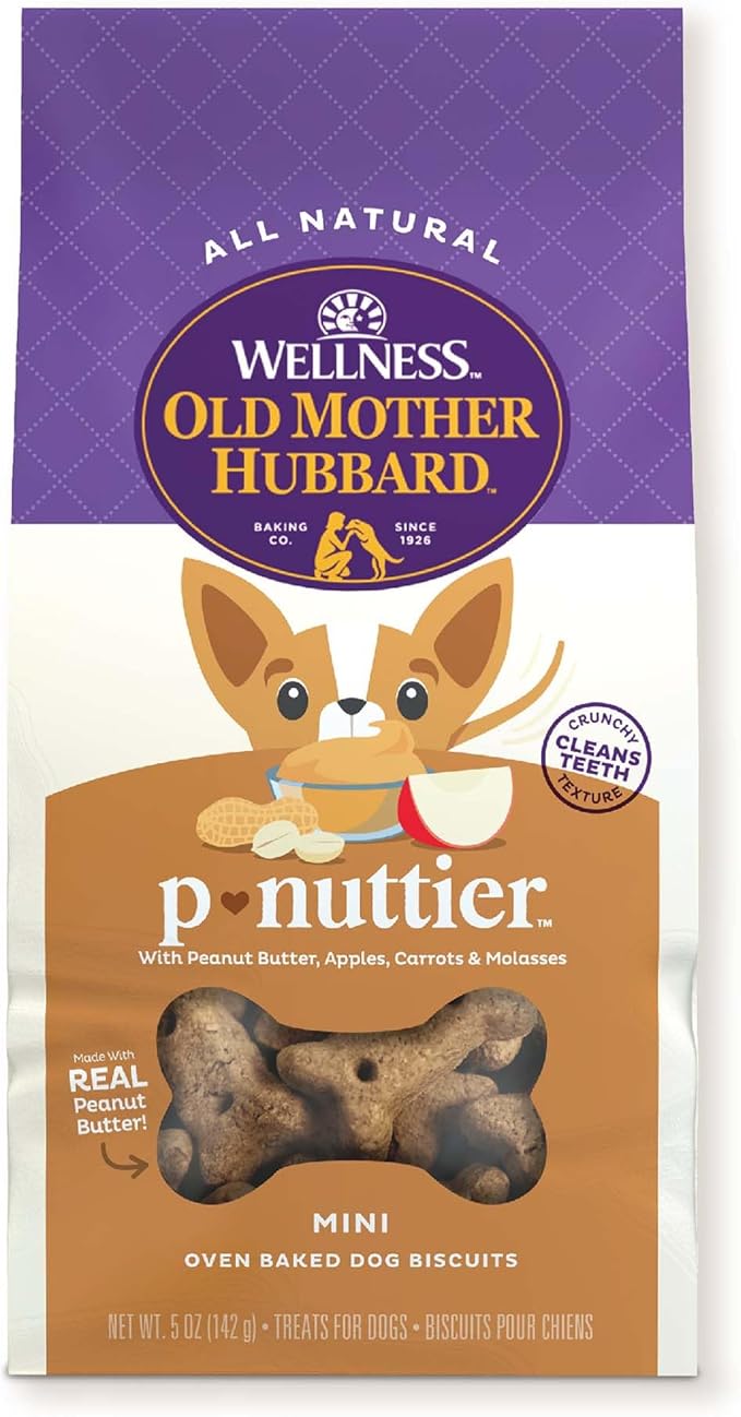 Old Mother Hubbard by Wellness Classic P-Nuttier Natural Dog Treats, Crunchy Oven-Baked Biscuits, Ideal for Training, Mini Size, 5 Ounce Bag, Chicken - PAWPICO