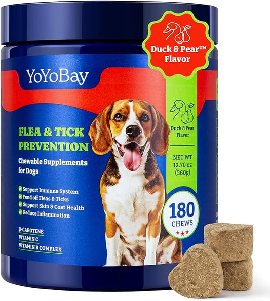 Flea and Tick Prevention for Dogs Chewable - 180 Soft Chews, Duck & Pear Flavor - Dog Flea and Tick Treatment Chewable, Natural Defense- Dog Immune Support Supplement YoYoBay