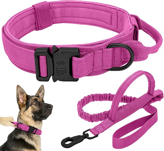Tactical Dog Collar Leash Set, Adjustable Military Training Nylon Collar Dog Training with Control Handleand Metal Buckle, Dog Collar for Medium Large Dogs (Pink,L) ANTSWISH