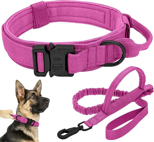 Tactical Dog Collar Leash Set, Adjustable Military Training Nylon Collar Dog Training with Control Handleand Metal Buckle, Dog Collar for Medium Large Dogs (Pink,L) ANTSWISH