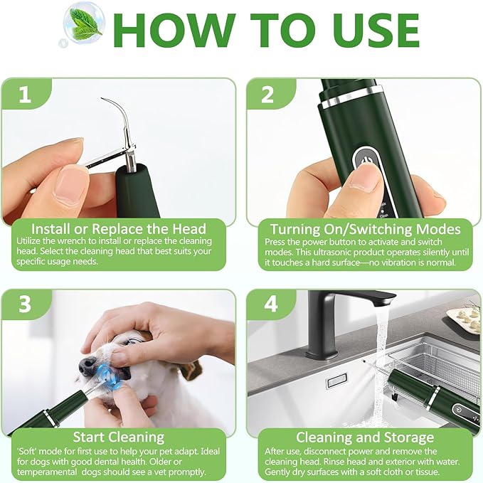 Dog Plaque Remover for Teeth - Pet Ultrasonic Tooth Cleaner, 6 Adjustable Modes Dog Teeth Cldaning Kit with LED Light, Cats and Dogs Tartar Remover for Teeth (Green, Large) PAWPICO