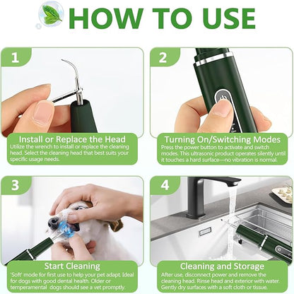 Dog Plaque Remover for Teeth - Pet Ultrasonic Tooth Cleaner, 6 Adjustable Modes Dog Teeth Cldaning Kit with LED Light, Cats and Dogs Tartar Remover for Teeth (Green, Large) PAWPICO