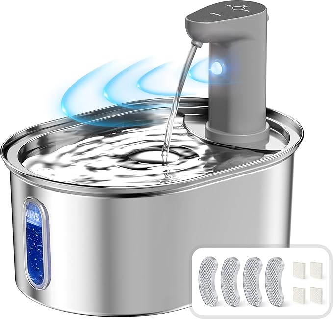 Wireless Cat Water Fountain Stainless Steel, 108oz/3.5L Cat Fountain Battery Operated, Cordless Pet Water Fountain for Cats Dogs with Motion Sensor, Ultra Quiet Pump, (4Filters + 4Sponge) - PAWPICO