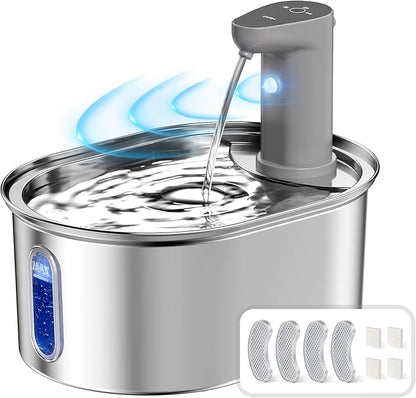 Wireless Cat Water Fountain Stainless Steel, 108oz/3.5L Cat Fountain Battery Operated, Cordless Pet Water Fountain for Cats Dogs with Motion Sensor, Ultra Quiet Pump, (4Filters + 4Sponge) - PAWPICO