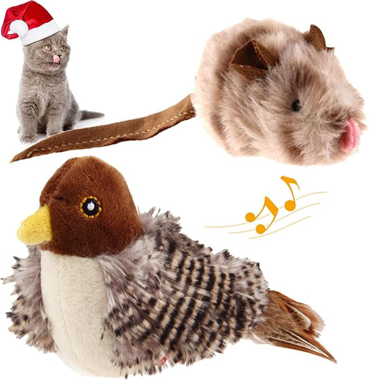 Gigwi Chirping Bird Cat Toy Set, Interactive Chasing Toy for Indoor Cat, Motion Activated Kitten Play Toy, Squeaky Cat Animal Feather Toy for All Breeds Cat Kicker - PAWPICO