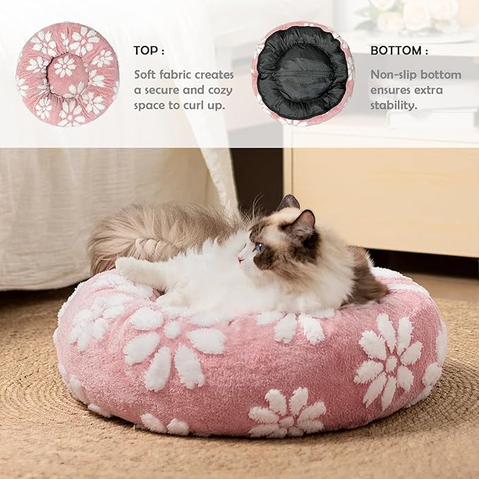 Donut Dog Beds for Small Dogs, Calming Round Cat Beds for Indoor Cats, Cute 3D Textured Flower Pet Bed with Removable Washable Cover and Anti-Slip Bottom（Pink，20"） - PAWPICO
