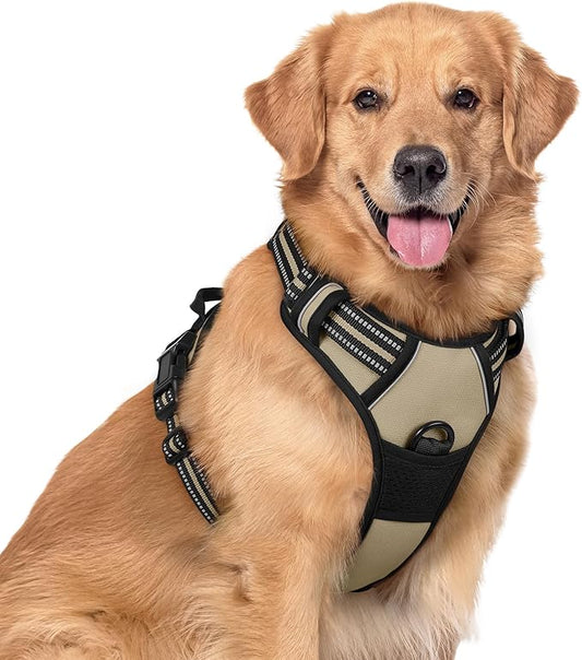 rabbitgoo Dog Harness No Pull with 2 Leash Clips, Adjustable Soft Padded, Reflective Oxford No Choke Pet Vest with Easy Control Handle for Large Dogs, Beige, XL rabbitgoo