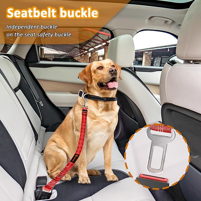 Removable Dog Seat Belt Harness for Car, 3 in 1 Pet Dog Car Seatbelt Leash, Retractable Restraint Secures to Vehicle Headrest & Adjustable Reflective Bungee Dog Seatbelt Tether, Red - PAWPICO