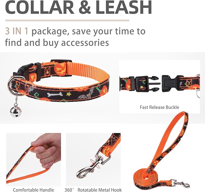PUPTECK Adjustable Dog Harness Collar and Leash Set Step in No Pull Pet Harness for Small Medium Dogs Puppy and Cats Outdoor Walking Running, Soft Mesh Padded Reflective Vest Harnesses, Halloween, M PUPTECK