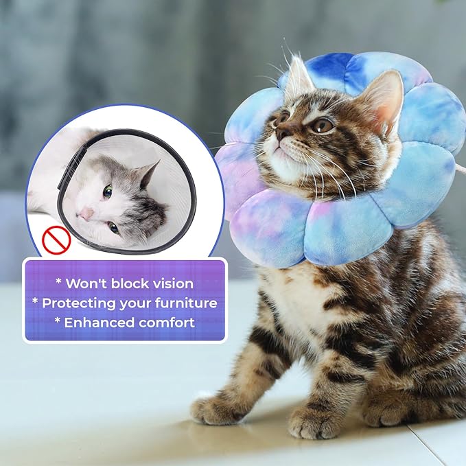 Flower Cat Cone, Uadonile Adjustable Cat Cone Collar, Soft Dog Elizabethan Collar Recovery E Collar After Surgery, Recovery E-Collar for Kittens/Puppies and Cats Recovery(Tie-dye Purple Blue, S) Uadonile