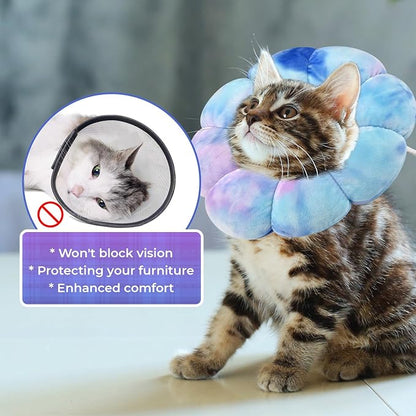 Flower Cat Cone, Uadonile Adjustable Cat Cone Collar, Soft Dog Elizabethan Collar Recovery E Collar After Surgery, Recovery E-Collar for Kittens/Puppies and Cats Recovery(Tie-dye Purple Blue, S) Uadonile