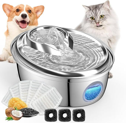 ORSDA Stainless Steel Cat Water Fountain, Automatic Pet Drinking Fountain, 100oz/3L Dog Water Dispenser with LED Water Level Window- 9Pcs Filters（ D66 - PAWPICO