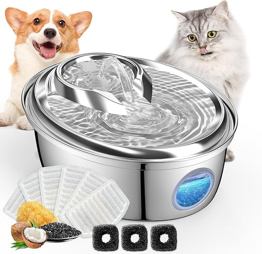 ORSDA Stainless Steel Cat Water Fountain, Automatic Pet Drinking Fountain, 100oz/3L Dog Water Dispenser with LED Water Level Window- 9Pcs Filters（ D66 - PAWPICO