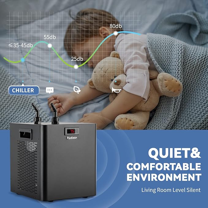 Poafamx Aquarium Chiller 79Gal 1/3 HP Water Chiller for Hydroponics System Home Use Axolotl Fish Coral Shrimp 110V with Pump and Pipe Black Poafamx