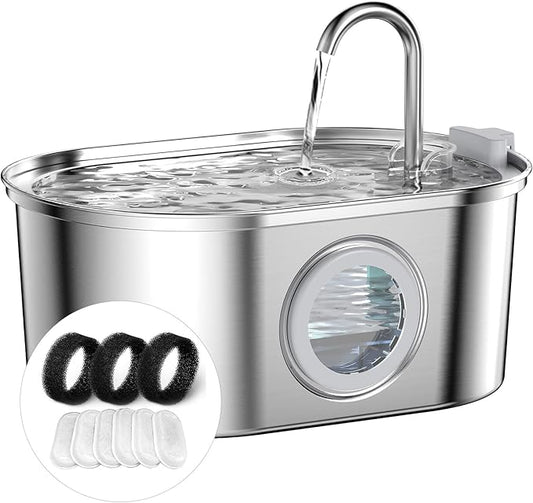 Cat Water Fountain Stainless Steel: with 6 Carbon Filter + 3 Sponge - 108oz/3.2L pet Water Fountain - Water Fountain for Cats Inside with Water Level Window Quiet Pump Faucet cat Fountain - SOOFPET - PAWPICO