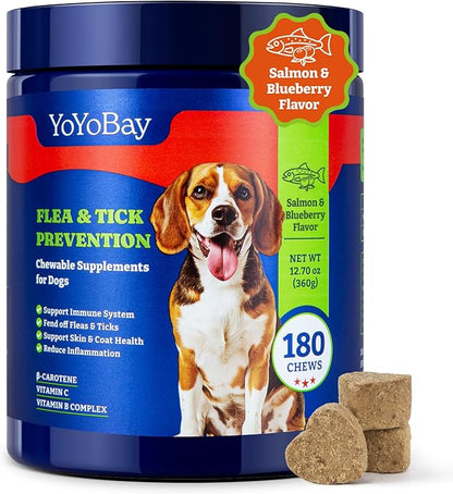 Flea and Tick Prevention for Dogs Chewable - 180 Soft Chews, Salmon & Blueberry Flavor - Dog Flea and Tick Treatment Chewable, Natural Defense- Dog Immune Support Supplement YoYoBay