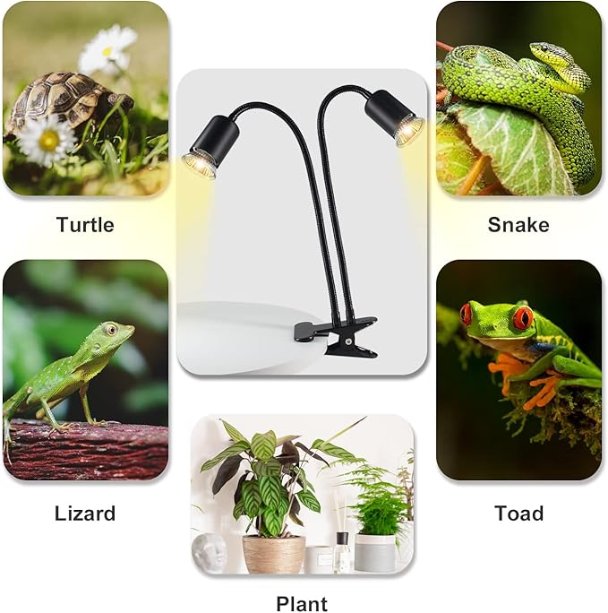 Reptile Heat Lamp, Double-Head Heat Lamp with Clamp, UVA UVB Reptile Light with Intelligent Cycle Timer for Turtle, Bearded Dragon, Lizard and More, 2 Bulbs 25W+50W TFNN