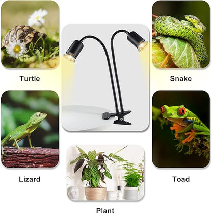 Reptile Heat Lamp, Double-Head Heat Lamp with Clamp, UVA UVB Reptile Light with Intelligent Cycle Timer for Turtle, Bearded Dragon, Lizard and More, 2 Bulbs 25W+50W TFNN