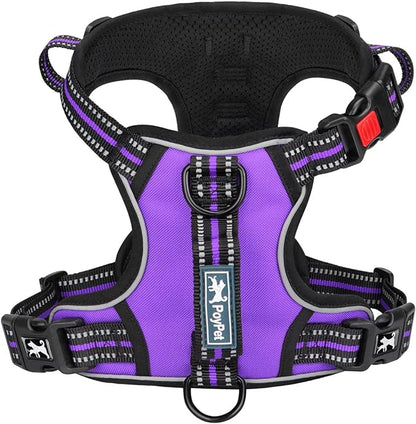 PoyPet No Pull Dog Harness, No Choke Front Clip Reflective Dog Vest with Soft Padded Vertical Handle, 3 Leash Attachments for Small Medium Large Dogs (Purple,M) PoyPet