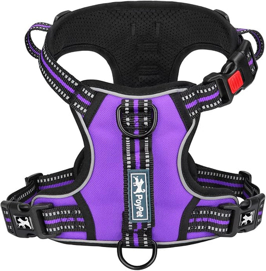 PoyPet No Pull Dog Harness, No Choke Front Clip Reflective Dog Vest with Soft Padded Vertical Handle, 3 Leash Attachments for Small Medium Large Dogs (Purple,XL) PoyPet