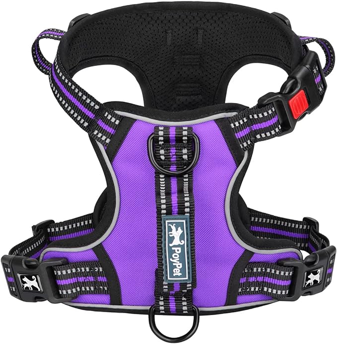 PoyPet No Pull Dog Harness, No Choke Front Clip Reflective Dog Vest with Soft Padded Vertical Handle, 3 Leash Attachments for Small Medium Large Dogs (Purple,S) PoyPet