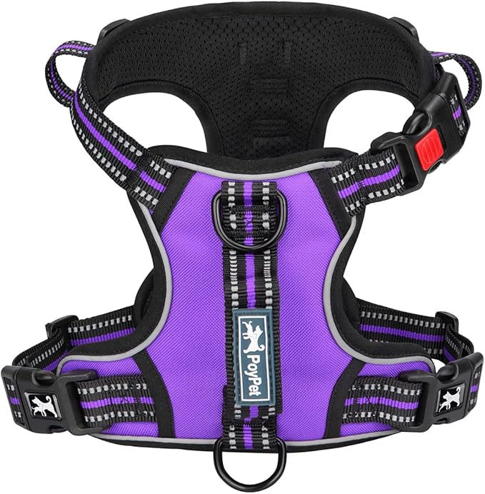 PoyPet No Pull Dog Harness, No Choke Front Clip Reflective Dog Vest with Soft Padded Vertical Handle, 3 Leash Attachments for Small Medium Large Dogs (Purple,L) PoyPet