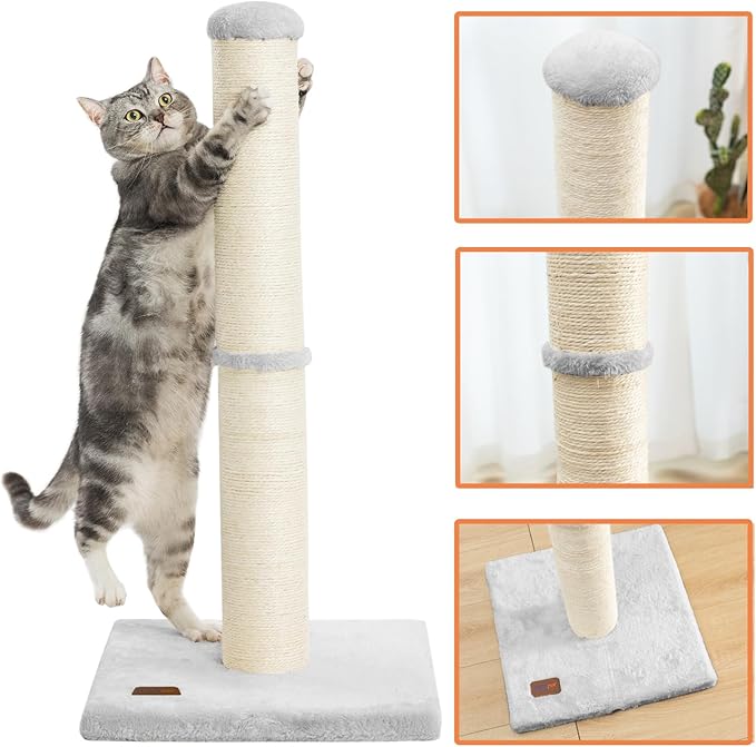 34inch Cat Scratching Post with Natural Sisal Rope 4.3Inch Large Diameter Scratcher Post Tree for Indoor Cats Grey - PAWPICO