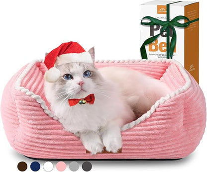 Cat Dog Bed for Pets, Rectangle Pet Bed Gift for Puppy and Kitten, Machine Washable Calming Fluffy Pet Couch Sofa for Indoor Outdoor, Portable Soft Cat Bed with Non-Slip Bottom (Small, Pink) - PAWPICO
