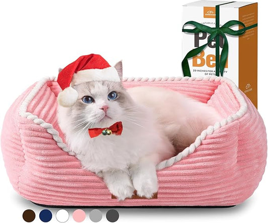 Cat Dog Bed for Pets, Rectangle Pet Bed Gift for Puppy and Kitten, Machine Washable Calming Fluffy Pet Couch Sofa for Indoor Outdoor, Portable Soft Cat Bed with Non-Slip Bottom (Small, Pink) - PAWPICO