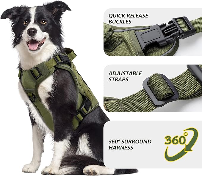 WINGOIN Tactical Dog Harness for Extra Large Dogs, Heavy Duty No Pull Dog Harness with Handle, Adjustable Reflective Military K9 German Shepherd Big Dog Vest for Training, Walking, Green (XXL) - PAWPICO