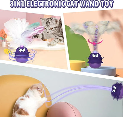 LEWISER Cat Toys Monster, 3in1 Rechargeable Automatic Interactive Cat Toy for Indoor Cats Exercise, Real Feathers, Silicone and Butterfly Tail, LED Lighting, Mice Squeak Chirping, Purple - PAWPICO