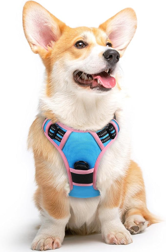 Eagloo Dog Harness for Large Dogs, No Pull Service Vest with Reflective Strips and Control Handle, Adjustable and Comfortable for Easy Walking, No Choke Harness with 2 Metal Rings, Pink & Blue, M GoExplorewithEagloo
