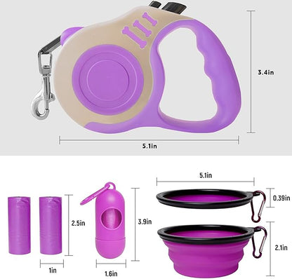 Retractable Dog Leash Automatic Telescopic Tractor Dog Tape, Pet Tape 10/16 FT Durable and Convenient, with Folding Bowl, Dispenser, Rubbish Bags, Suitable for Small and Medium Dogs LIEVUIKEN