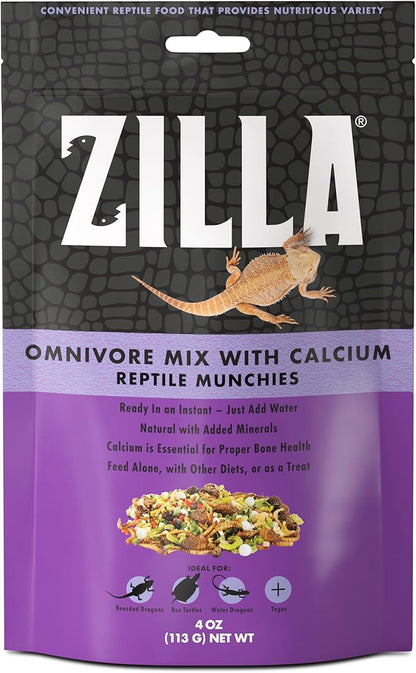 Zilla Reptile Munchies, Omnivore Mix with Calcium, Dehydrated and Sun Dried Vegetables and Insects, Natural with Added Calcium, Resealable Bag 4 oz. Zilla