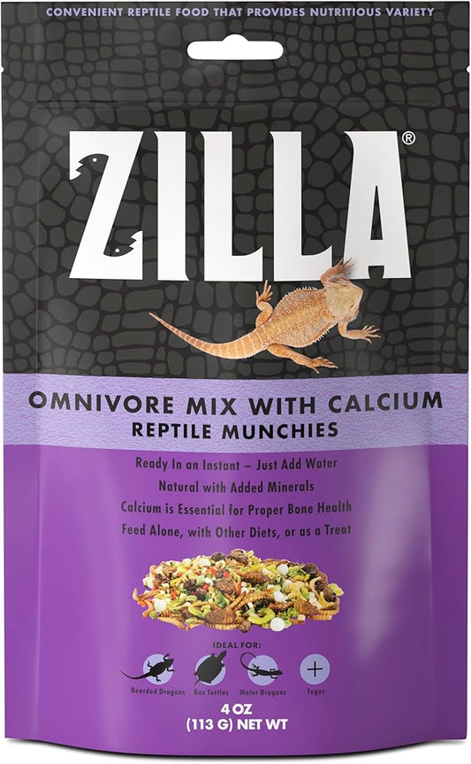 Zilla Reptile Munchies, Omnivore Mix with Calcium, Dehydrated and Sun Dried Vegetables and Insects, Natural with Added Calcium, Resealable Bag 4 oz. Zilla