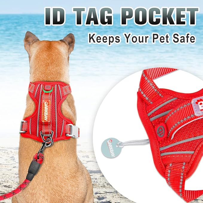 BARKBAY No Pull Dog Harness Large Reflective Dog Harness with Front Clip and Easy Control Handle for Walking Training Running with ID tag Pocket(Red,L) BARKBAY